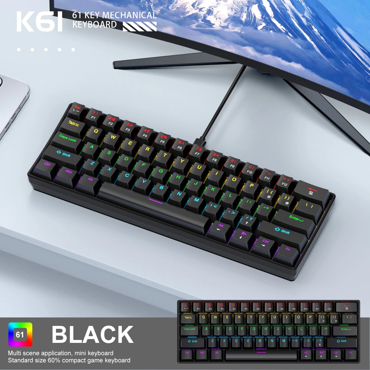 60% Portable Mini Keyboard  K61 Mechanical Keyboard Wired, 61 Keys RGB Black,White, Red/Blue Switch for Gaming