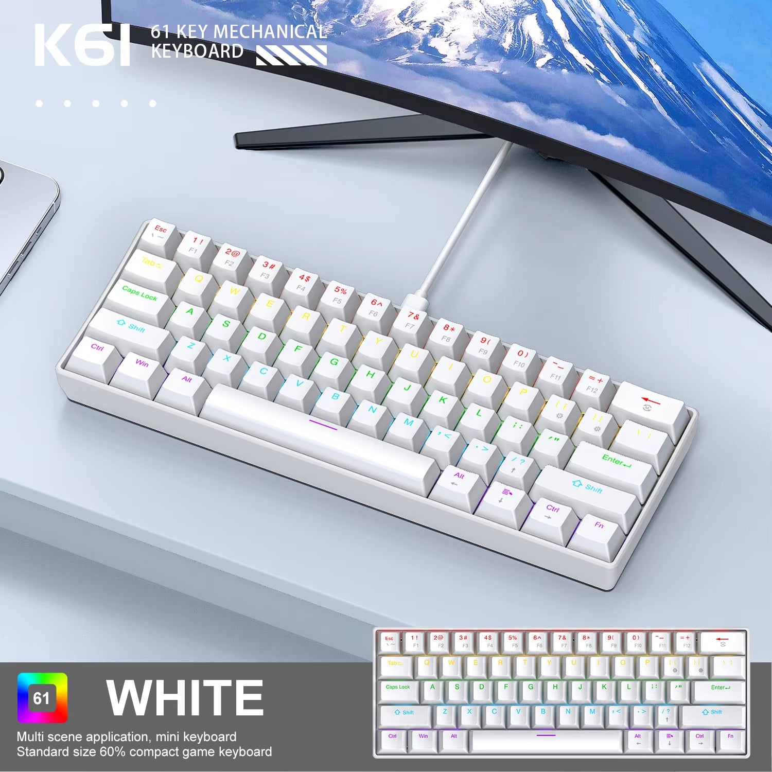 60% Portable Mini Keyboard  K61 Mechanical Keyboard Wired, 61 Keys RGB Black,White, Red/Blue Switch for Gaming