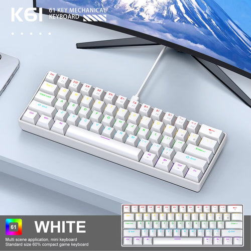 60% Portable Mini Keyboard  K61 Mechanical Keyboard Wired, 61 Keys RGB Black,White, Red/Blue Switch for Gaming