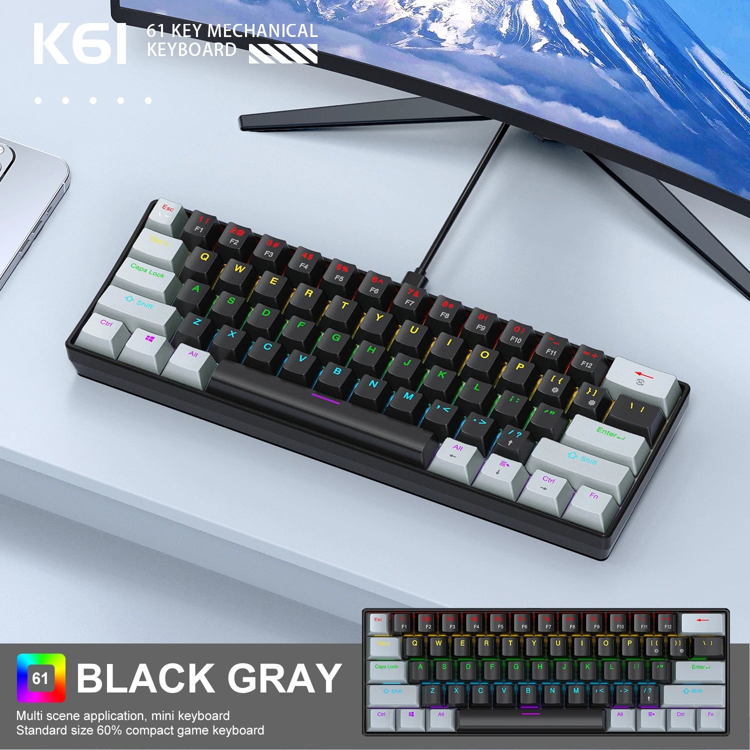 60% Portable Mini Keyboard  K61 Mechanical Keyboard Wired, 61 Keys RGB Black,White, Red/Blue Switch for Gaming