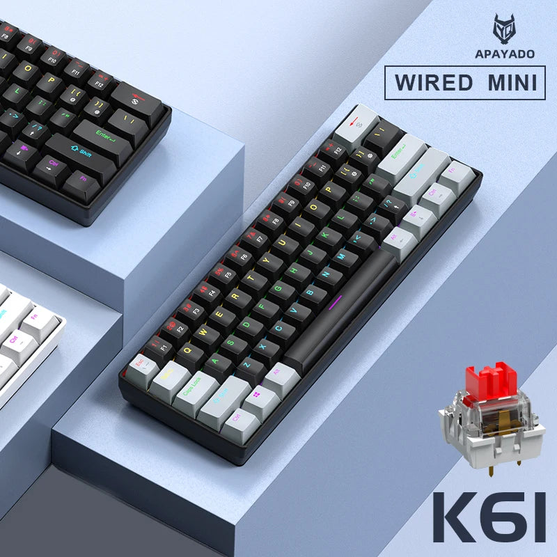 60% Portable Mini Keyboard  K61 Mechanical Keyboard Wired, 61 Keys RGB Black,White, Red/Blue Switch for Gaming